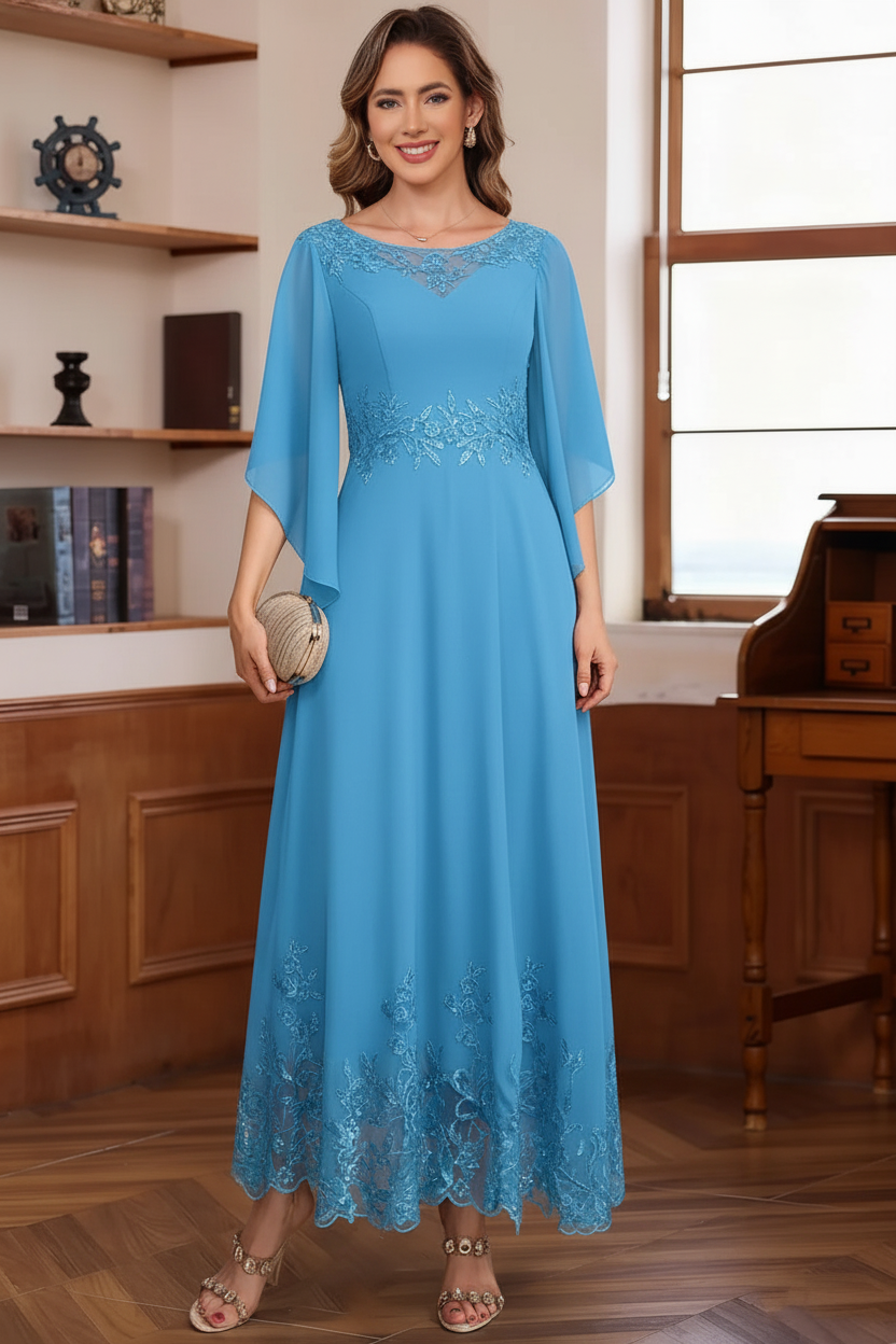 A-Line/Princess Chiffon Scoop Mother of the Bride Dresses Lace Ankle-Length Half Sleeves