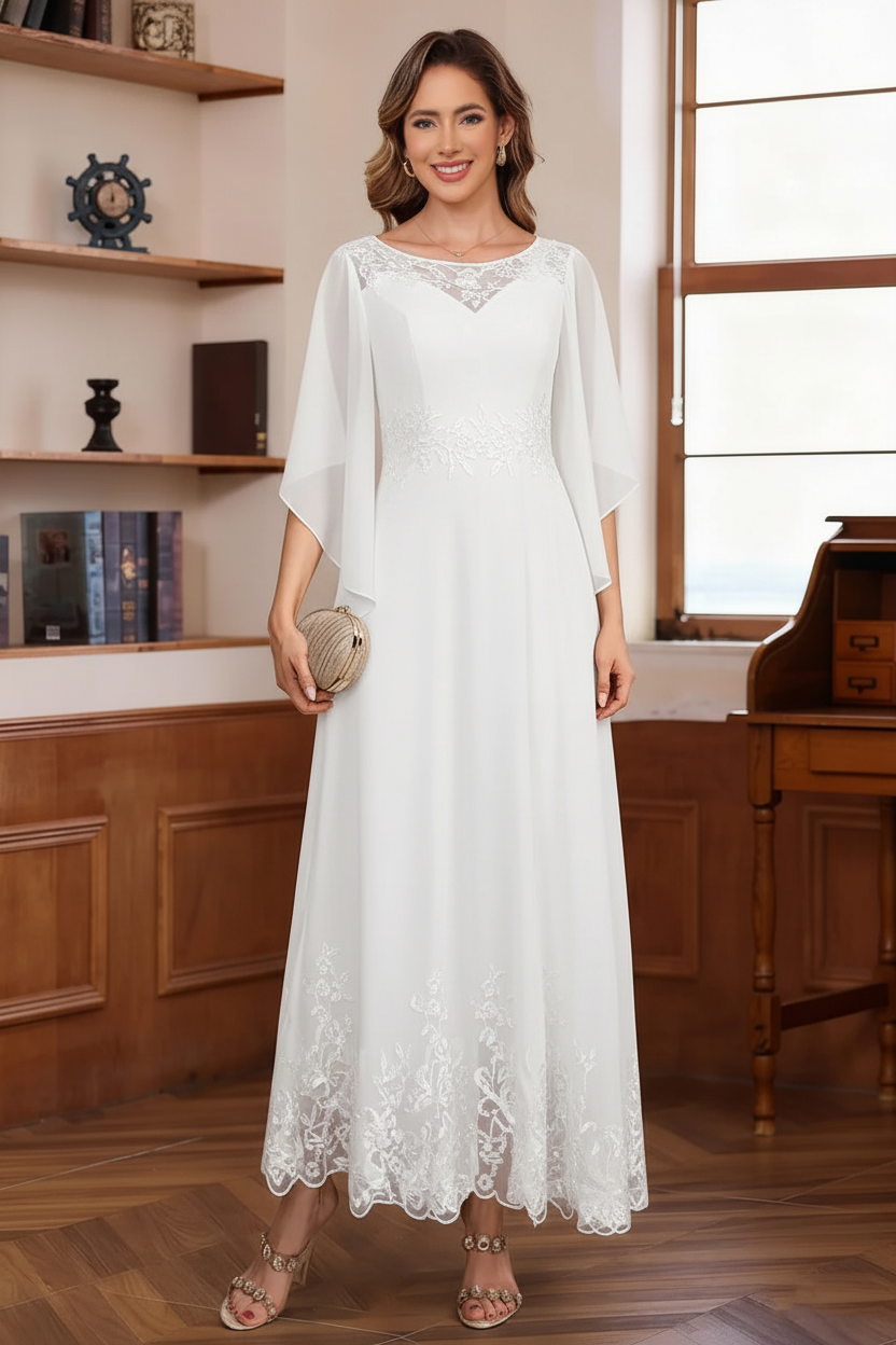 A-Line/Princess Chiffon Scoop Mother of the Bride Dresses Lace Ankle-Length Half Sleeves