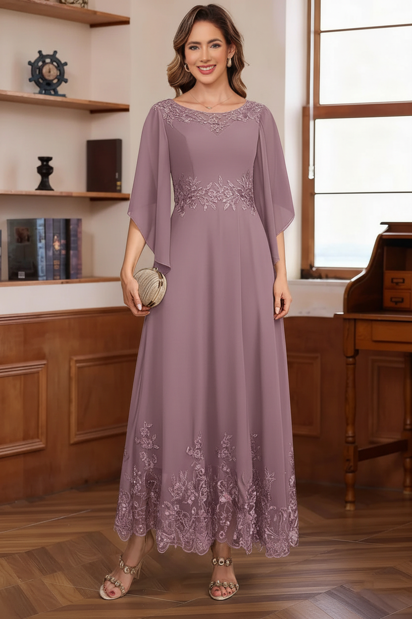 A-Line/Princess Chiffon Scoop Mother of the Bride Dresses Lace Ankle-Length Half Sleeves