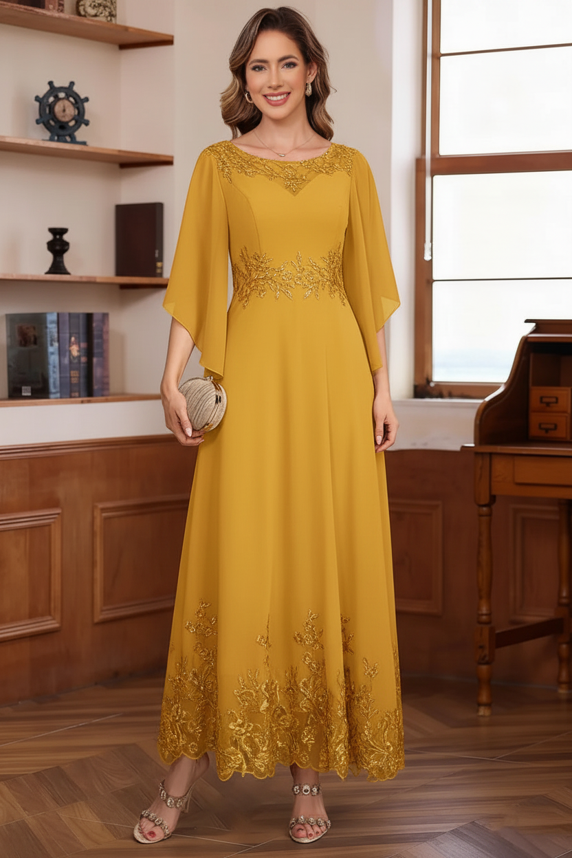 A-Line/Princess Chiffon Scoop Mother of the Bride Dresses Lace Ankle-Length Half Sleeves