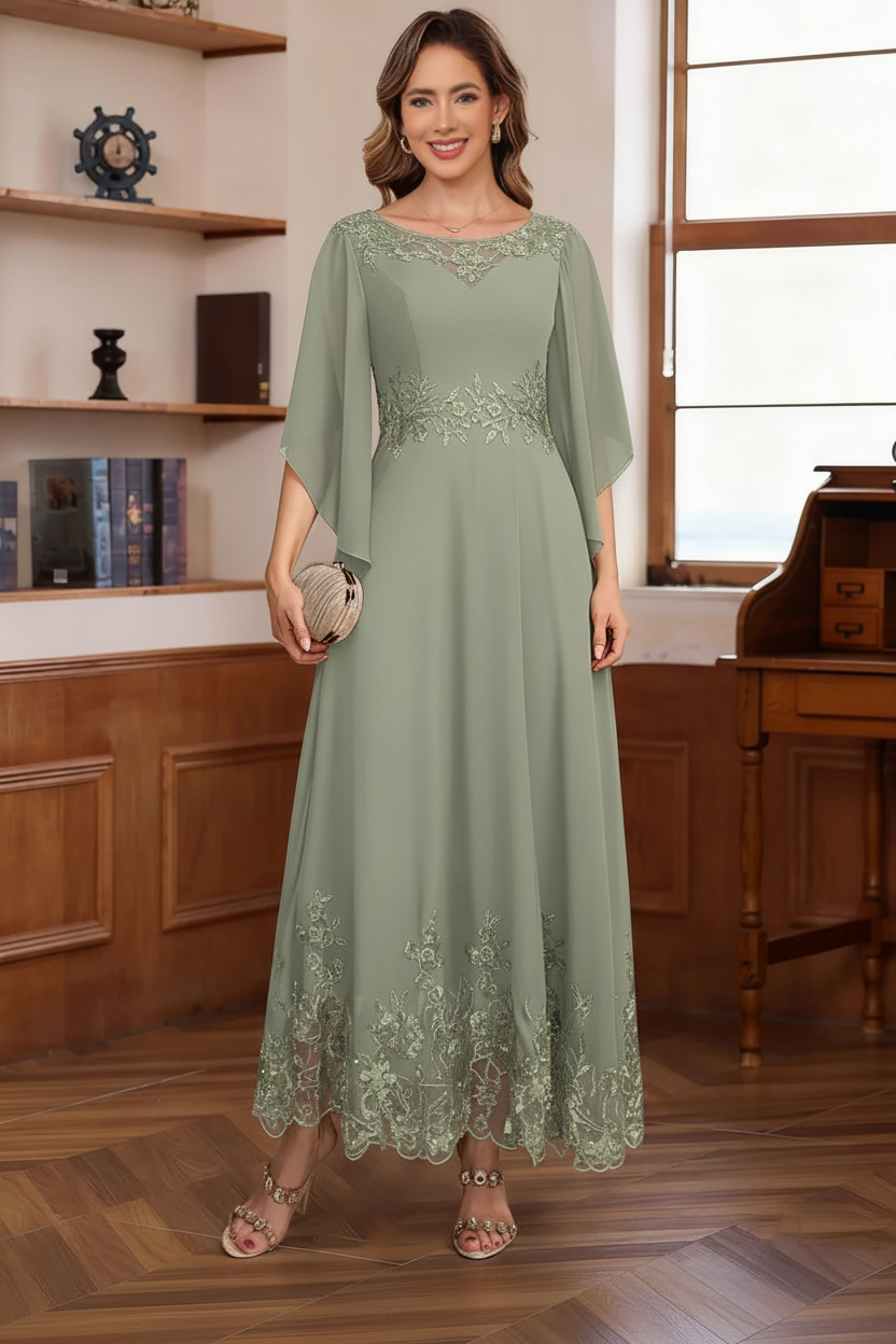 A-Line/Princess Chiffon Scoop Mother of the Bride Dresses Lace Ankle-Length Half Sleeves