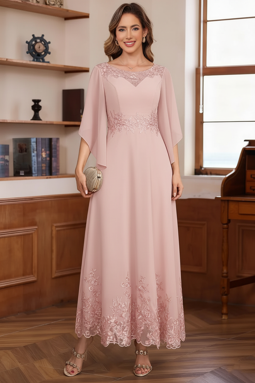 A-Line/Princess Chiffon Scoop Mother of the Bride Dresses Lace Ankle-Length Half Sleeves