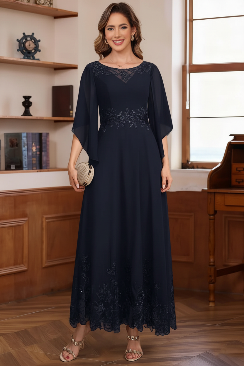 A-Line/Princess Chiffon Scoop Mother of the Bride Dresses Lace Ankle-Length Half Sleeves