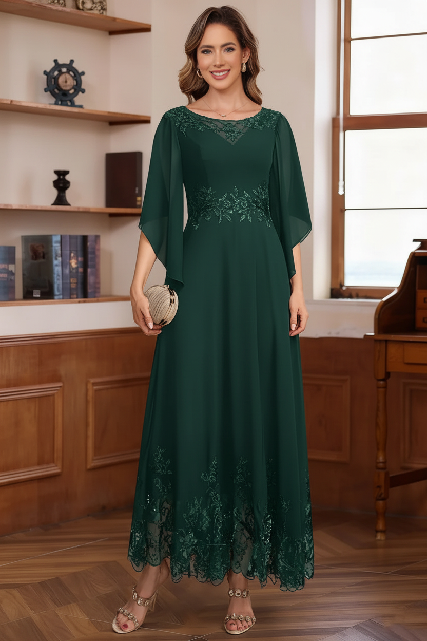 A-Line/Princess Chiffon Scoop Mother of the Bride Dresses Lace Ankle-Length Half Sleeves