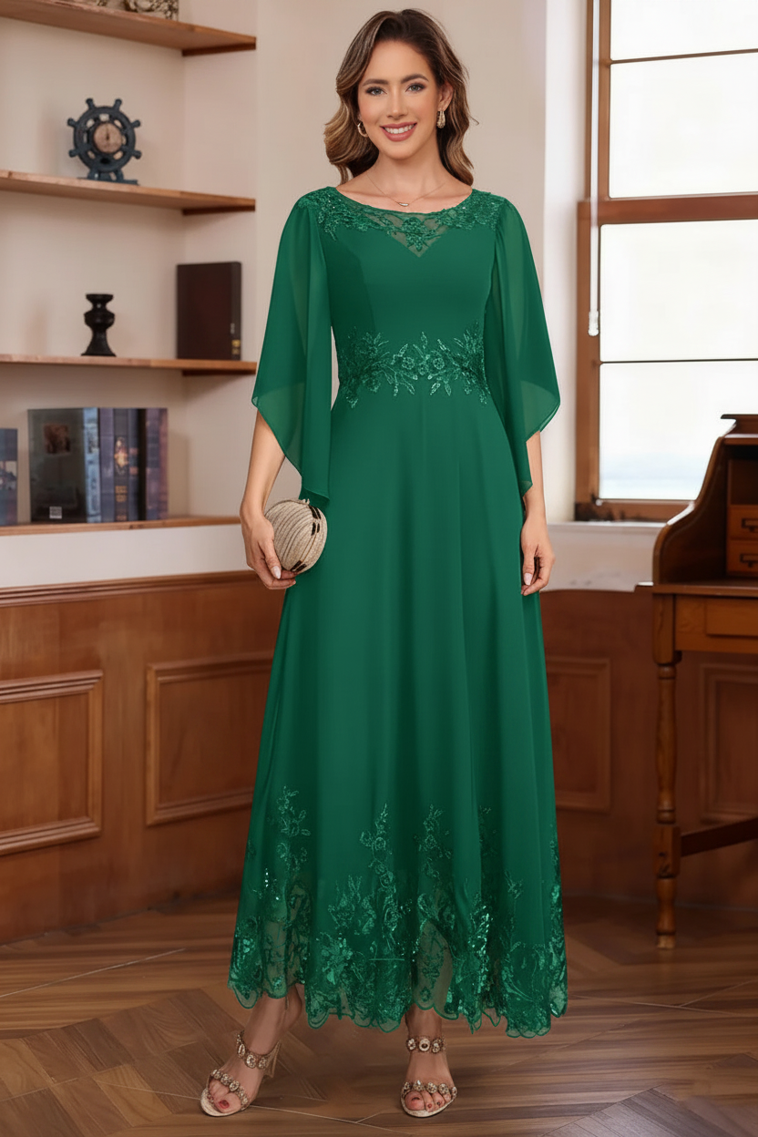 A-Line/Princess Chiffon Scoop Mother of the Bride Dresses Lace Ankle-Length Half Sleeves
