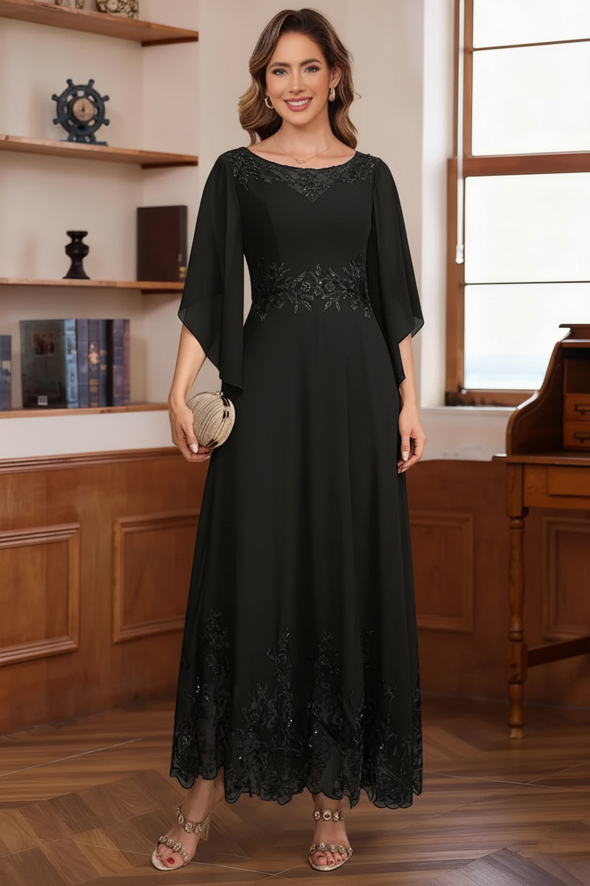 A-Line/Princess Chiffon Scoop Mother of the Bride Dresses Lace Ankle-Length Half Sleeves