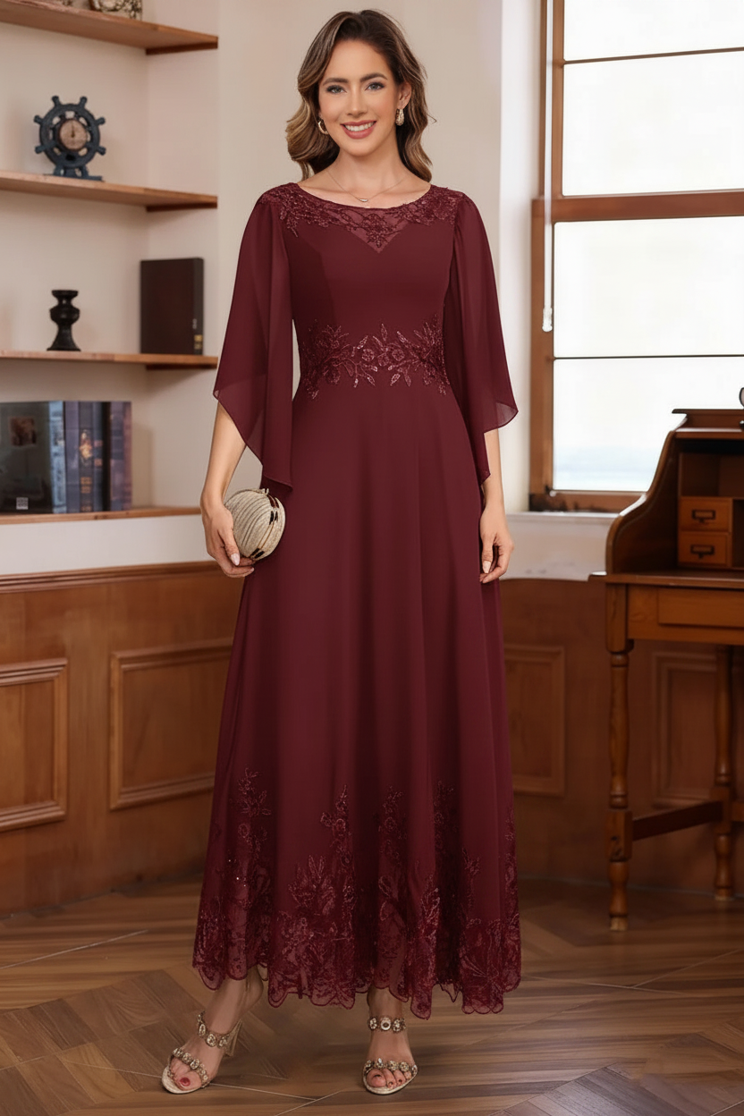 A-Line/Princess Chiffon Scoop Mother of the Bride Dresses Lace Ankle-Length Half Sleeves