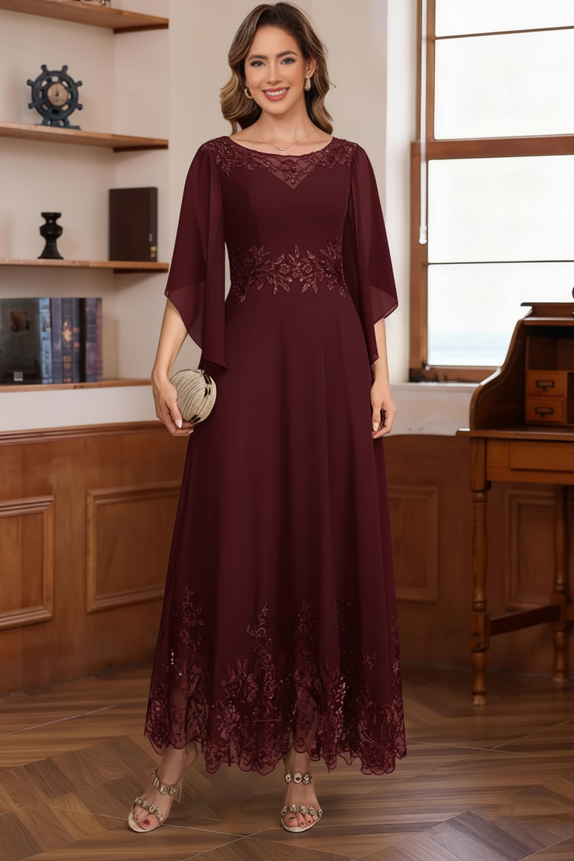 A-Line/Princess Chiffon Scoop Mother of the Bride Dresses Lace Ankle-Length Half Sleeves