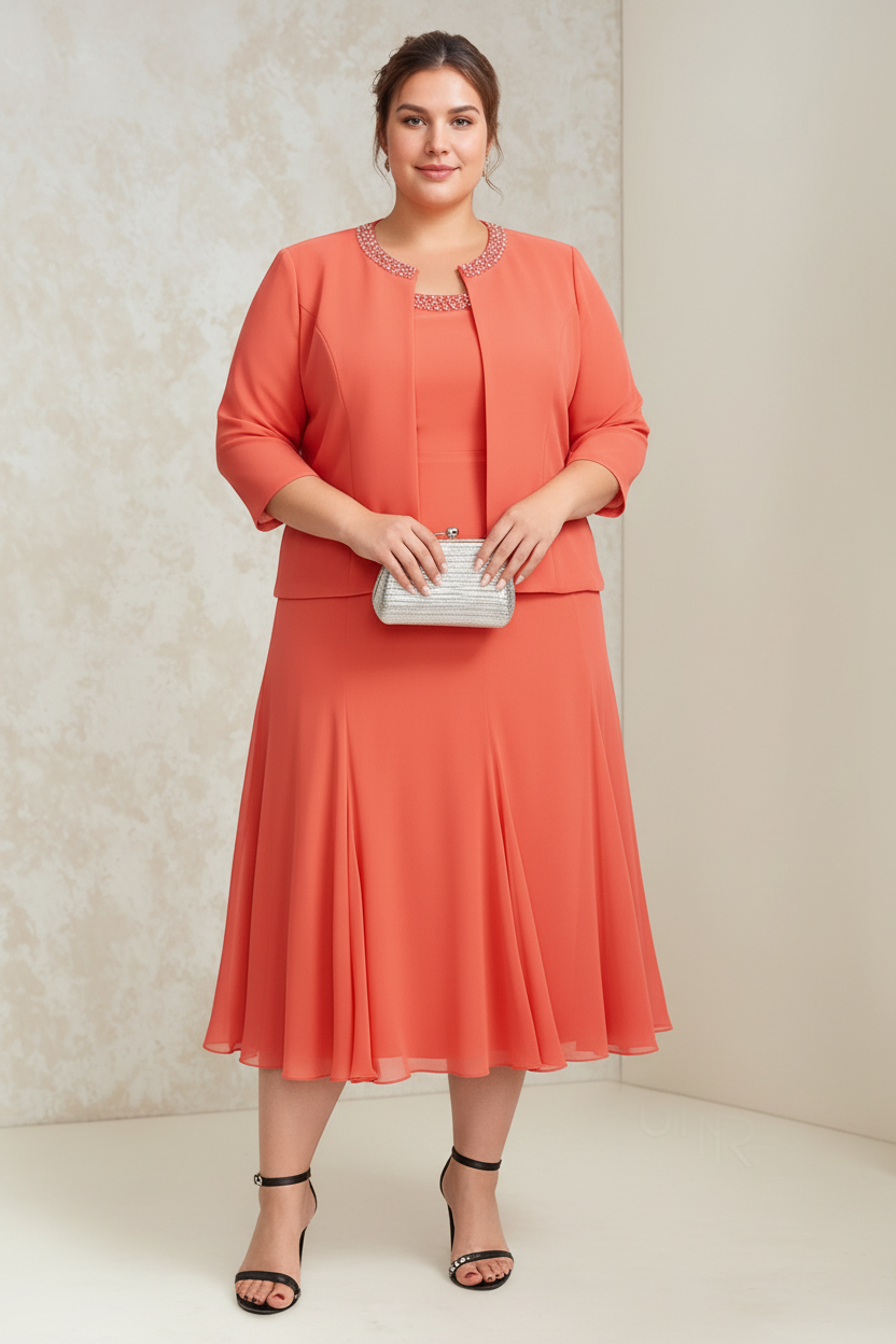A-Line/Princess Chiffon Scoop Plus Size Mother of the Bride Dresses with Wrap/Jacket Beading
