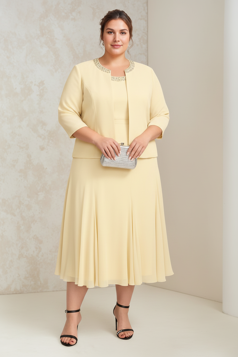 A-Line/Princess Chiffon Scoop Plus Size Mother of the Bride Dresses with Wrap/Jacket Beading