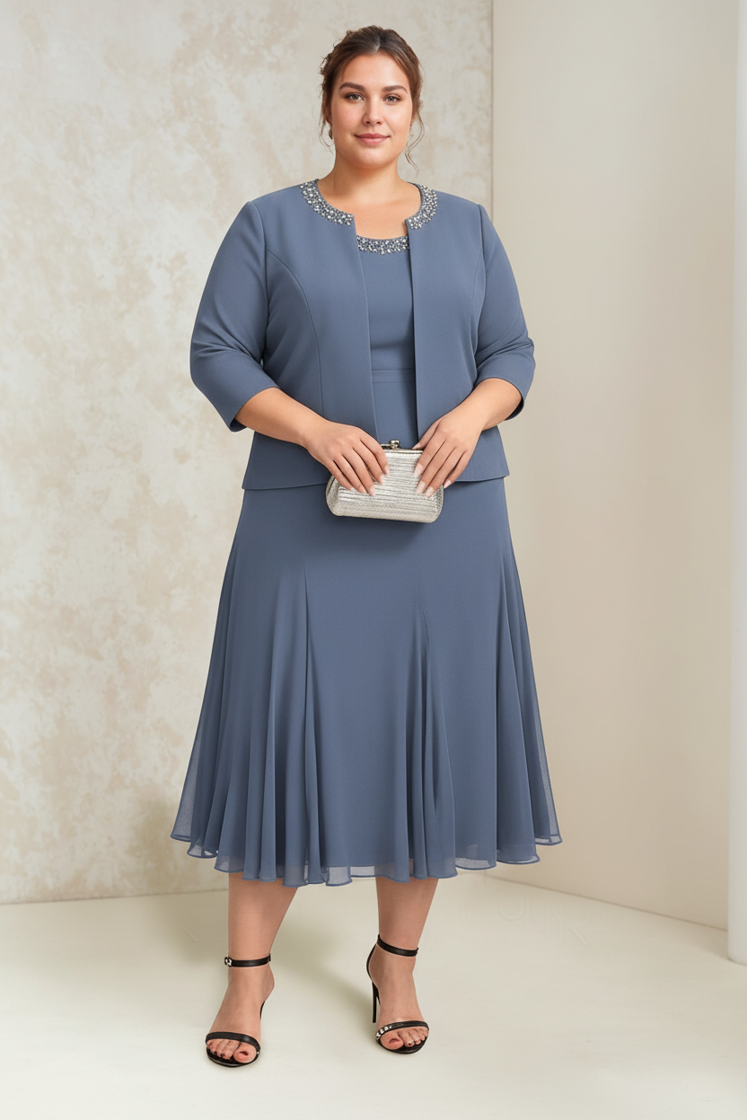 A-Line/Princess Chiffon Scoop Plus Size Mother of the Bride Dresses with Wrap/Jacket Beading