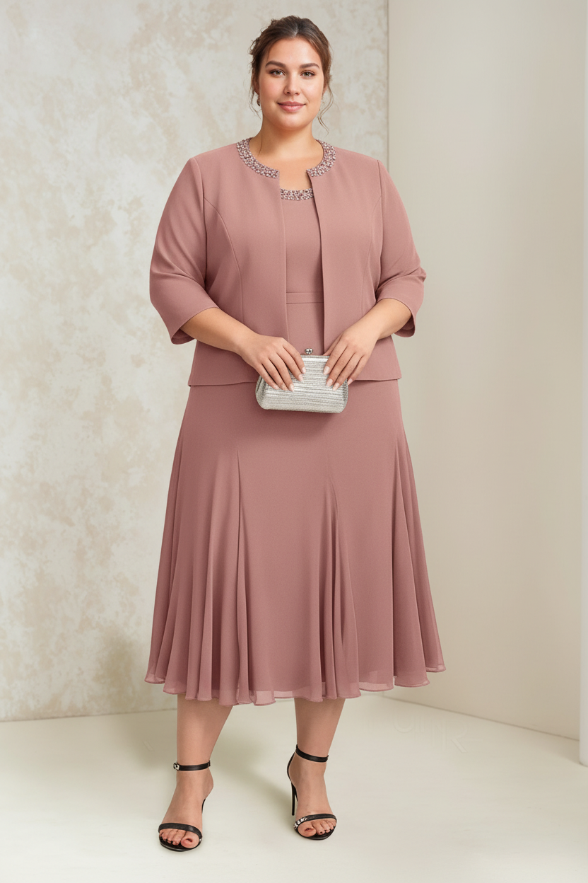 A-Line/Princess Chiffon Scoop Plus Size Mother of the Bride Dresses with Wrap/Jacket Beading