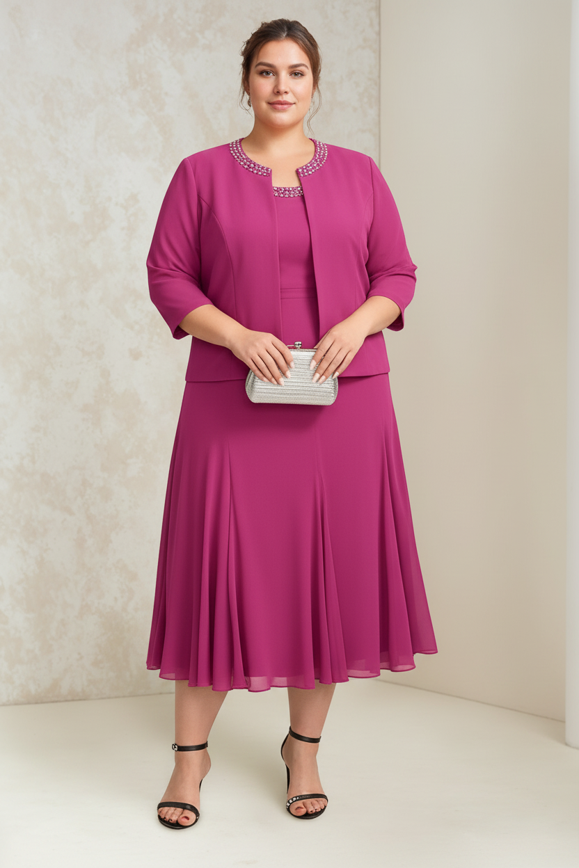 A-Line/Princess Chiffon Scoop Plus Size Mother of the Bride Dresses with Wrap/Jacket Beading