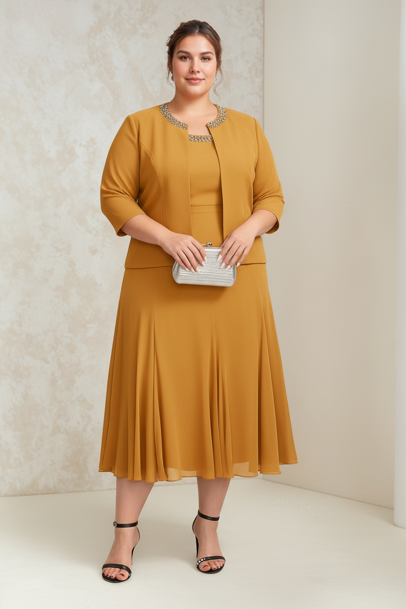 A-Line/Princess Chiffon Scoop Plus Size Mother of the Bride Dresses with Wrap/Jacket Beading
