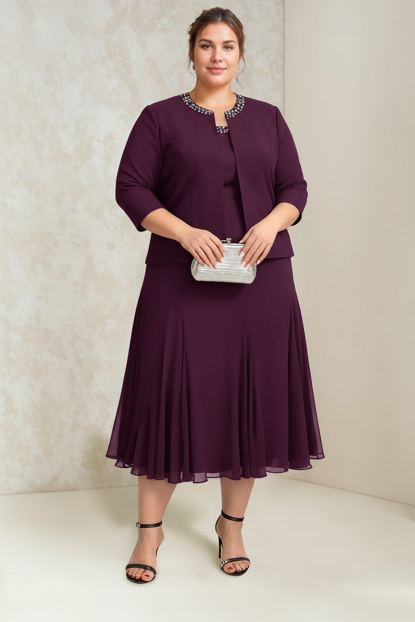 A-Line/Princess Chiffon Scoop Plus Size Mother of the Bride Dresses with Wrap/Jacket Beading