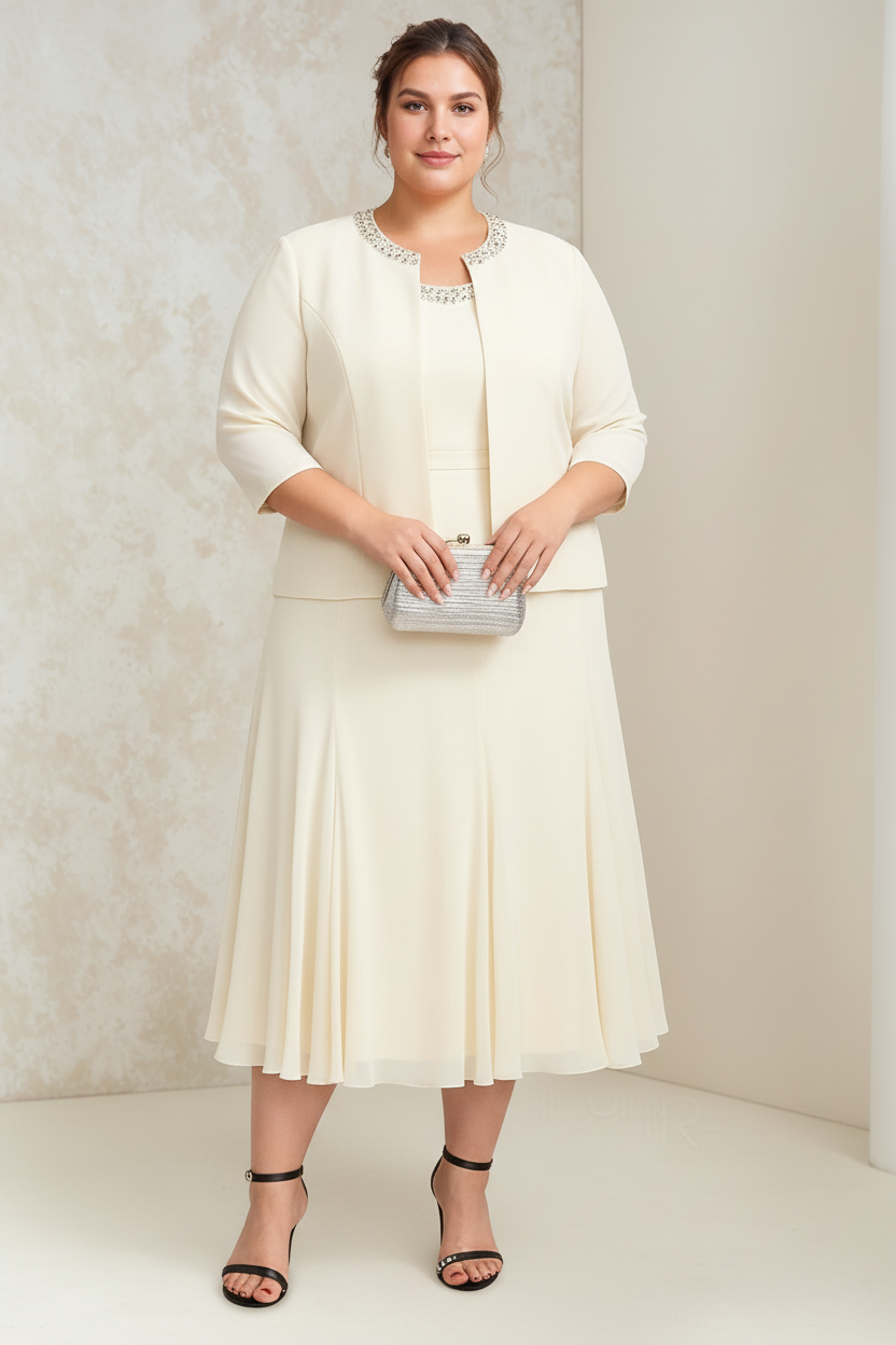 A-Line/Princess Chiffon Scoop Plus Size Mother of the Bride Dresses with Wrap/Jacket Beading