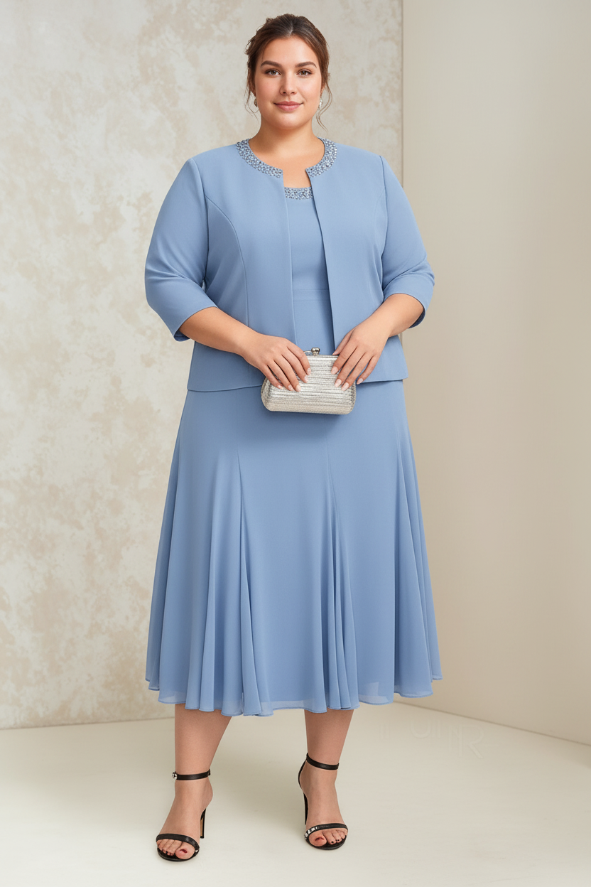A-Line/Princess Chiffon Scoop Plus Size Mother of the Bride Dresses with Wrap/Jacket Beading