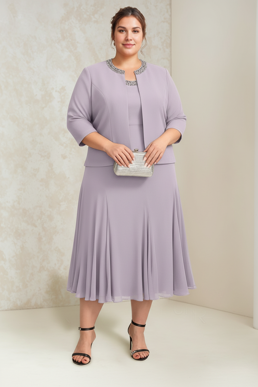 A-Line/Princess Chiffon Scoop Plus Size Mother of the Bride Dresses with Wrap/Jacket Beading