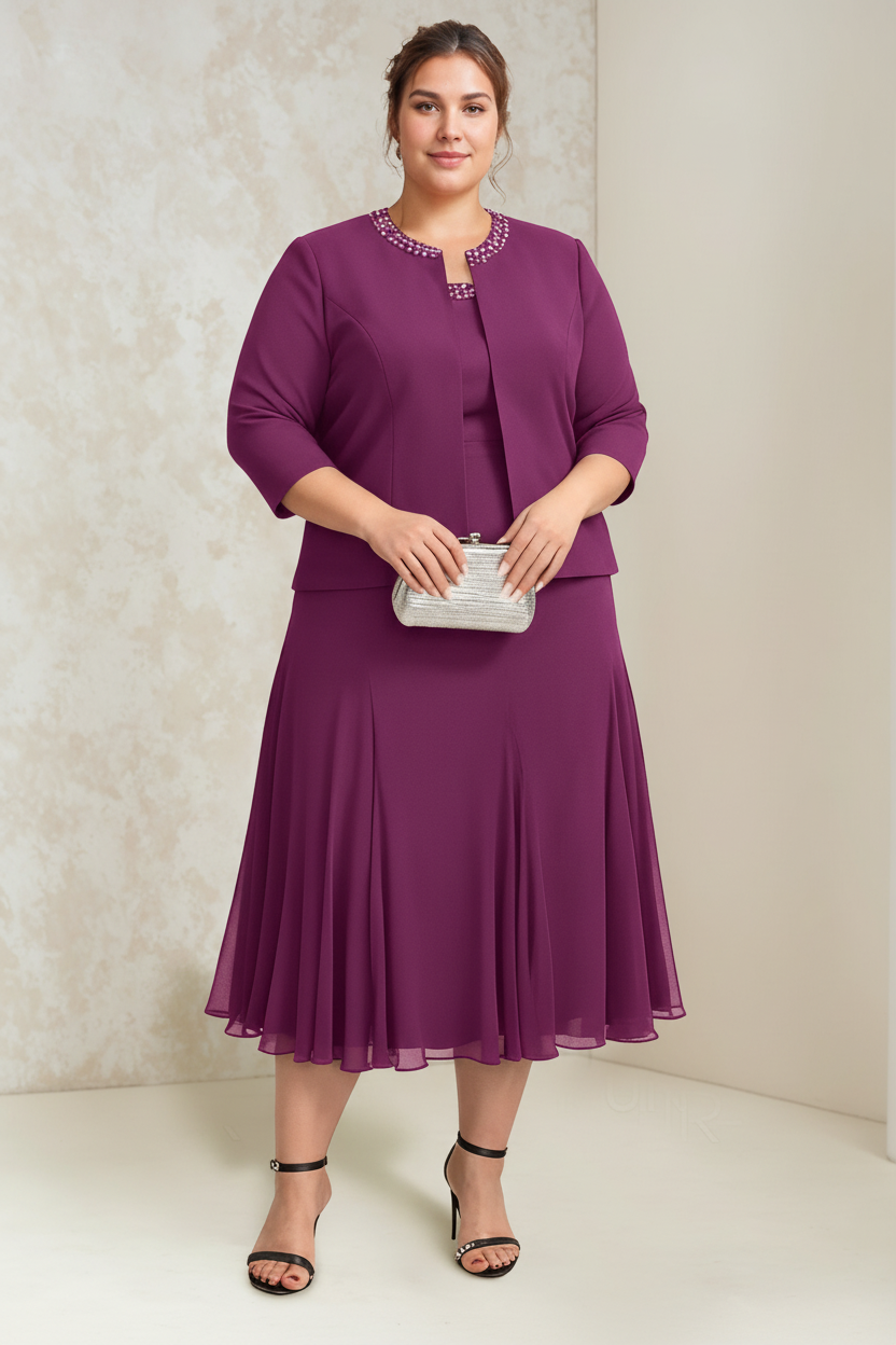 A-Line/Princess Chiffon Scoop Plus Size Mother of the Bride Dresses with Wrap/Jacket Beading