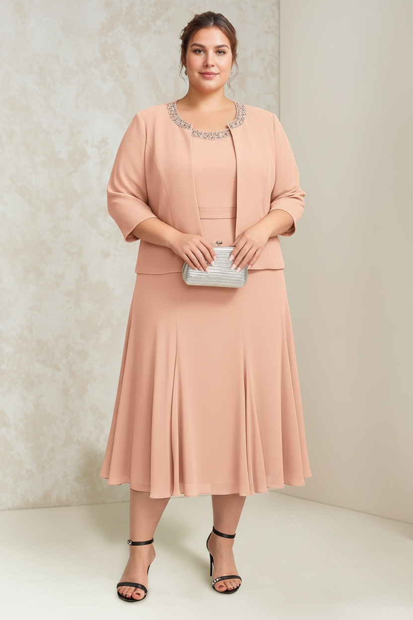 A-Line/Princess Chiffon Scoop Plus Size Mother of the Bride Dresses with Wrap/Jacket Beading