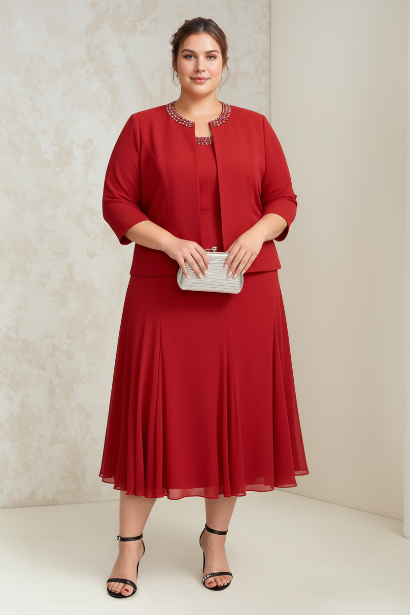 A-Line/Princess Chiffon Scoop Plus Size Mother of the Bride Dresses with Wrap/Jacket Beading