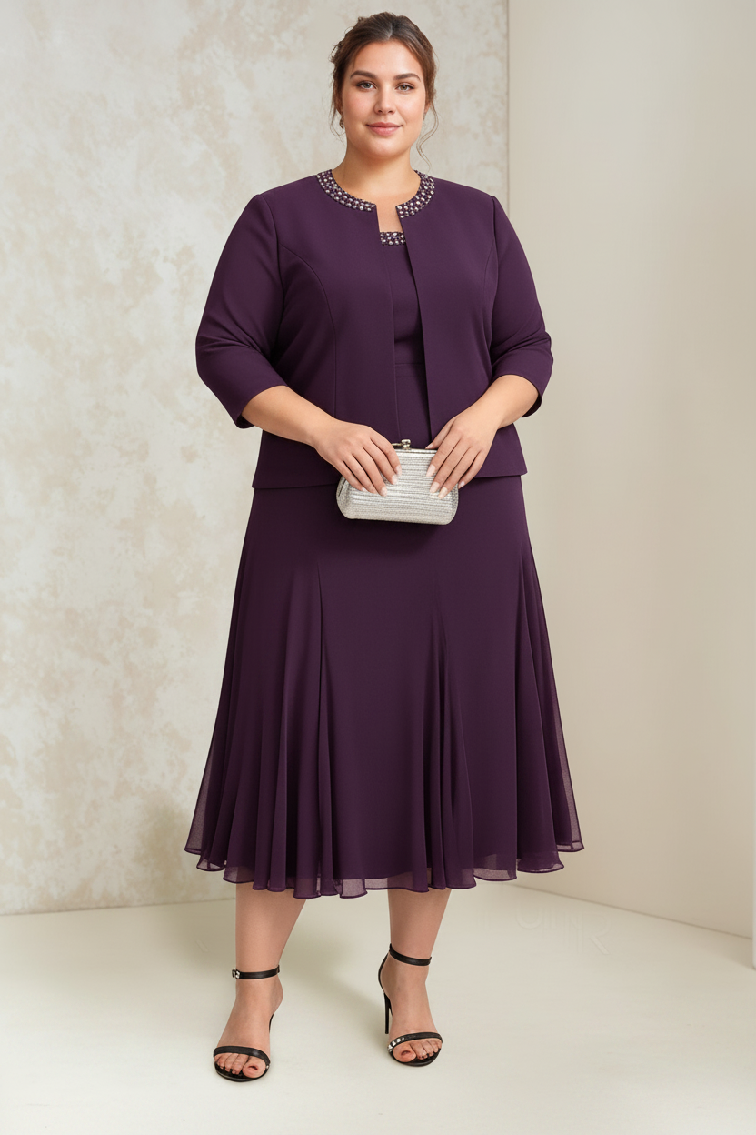 A-Line/Princess Chiffon Scoop Plus Size Mother of the Bride Dresses with Wrap/Jacket Beading