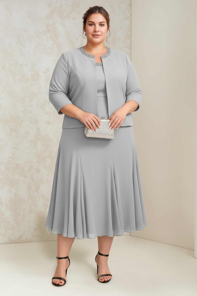 A-Line/Princess Chiffon Scoop Plus Size Mother of the Bride Dresses with Wrap/Jacket Beading