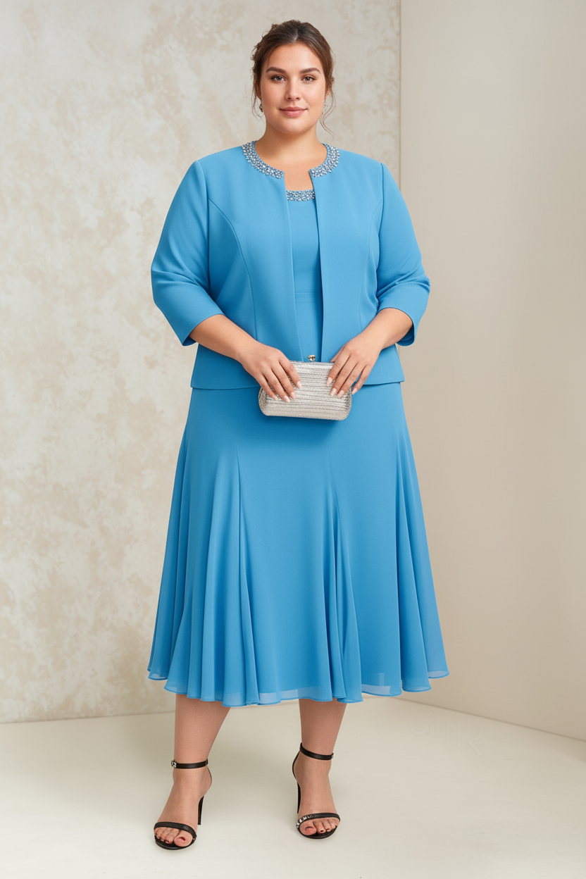 A-Line/Princess Chiffon Scoop Plus Size Mother of the Bride Dresses with Wrap/Jacket Beading
