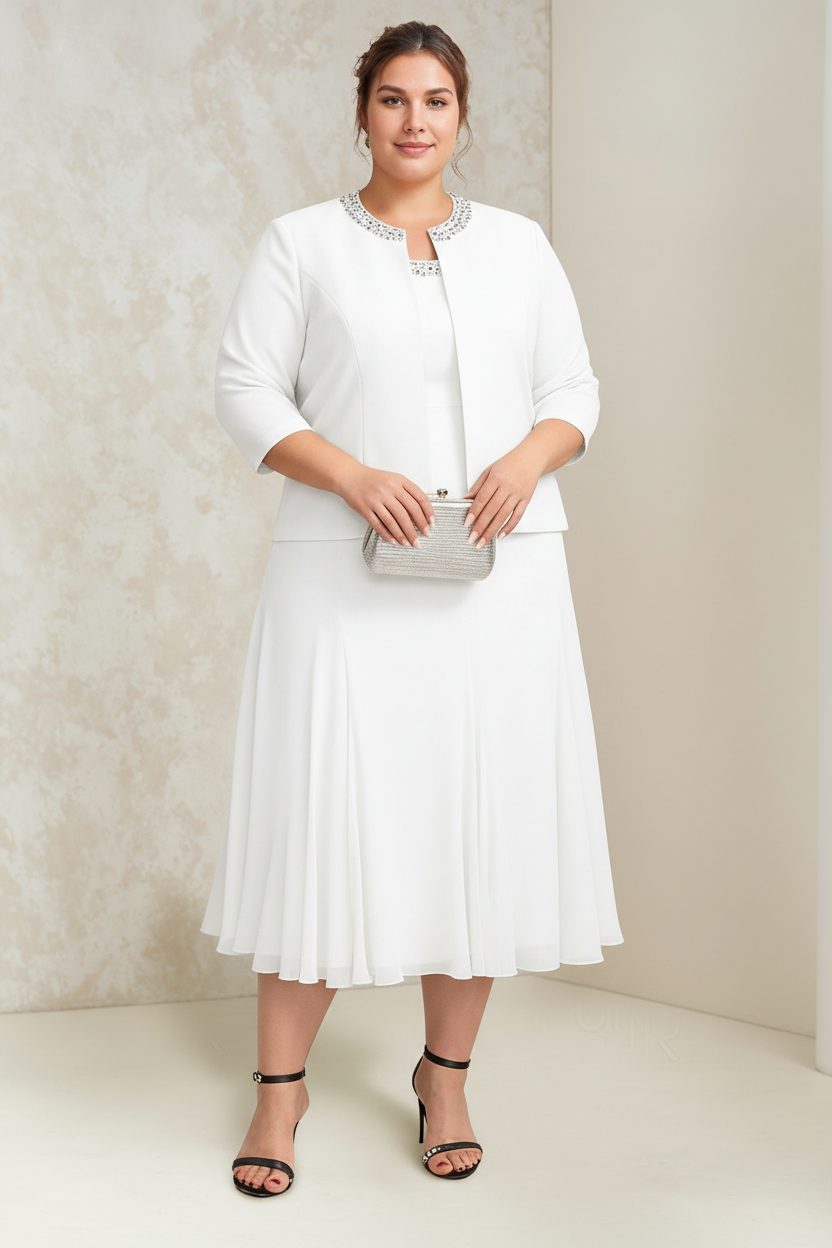 A-Line/Princess Chiffon Scoop Plus Size Mother of the Bride Dresses with Wrap/Jacket Beading