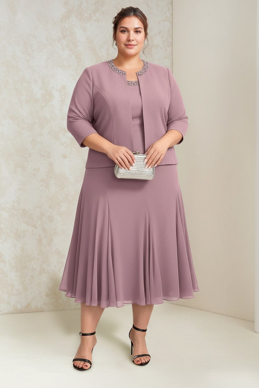 A-Line/Princess Chiffon Scoop Plus Size Mother of the Bride Dresses with Wrap/Jacket Beading