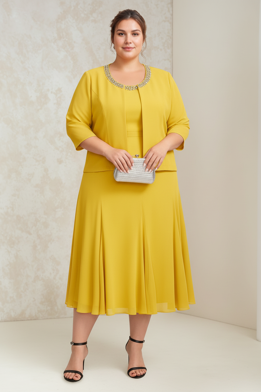 A-Line/Princess Chiffon Scoop Plus Size Mother of the Bride Dresses with Wrap/Jacket Beading