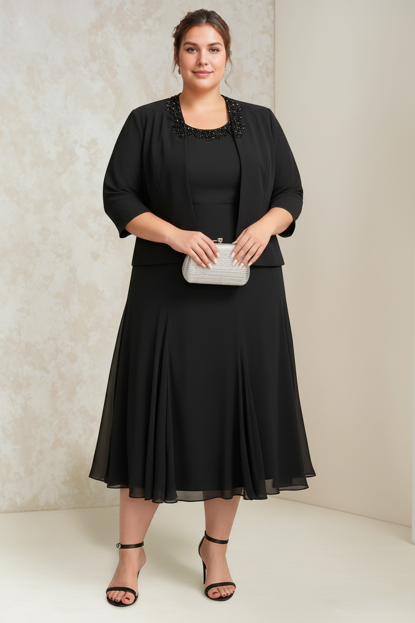 A-Line/Princess Chiffon Scoop Plus Size Mother of the Bride Dresses with Wrap/Jacket Beading