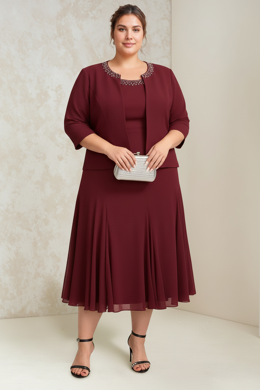 A-Line/Princess Chiffon Scoop Plus Size Mother of the Bride Dresses with Wrap/Jacket Beading