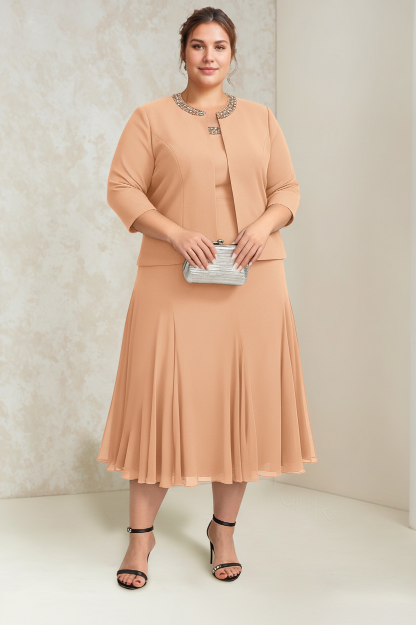 A-Line/Princess Chiffon Scoop Plus Size Mother of the Bride Dresses with Wrap/Jacket Beading