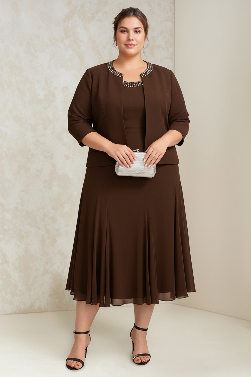A-Line/Princess Chiffon Scoop Plus Size Mother of the Bride Dresses with Wrap/Jacket Beading