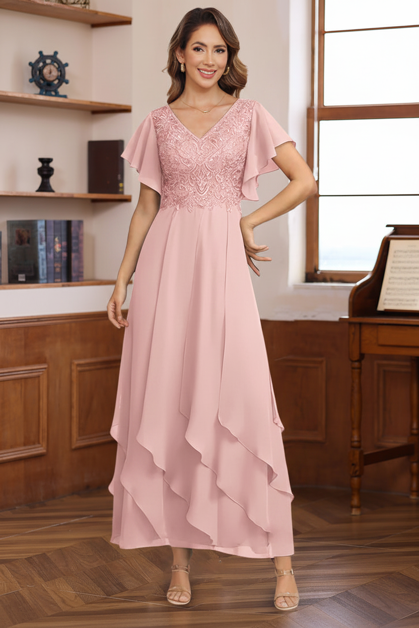 A-Line/Princess Chiffon V-Neck Mother of the Bride Dresses Lace Ankle-Length Short Sleeves Ruffles