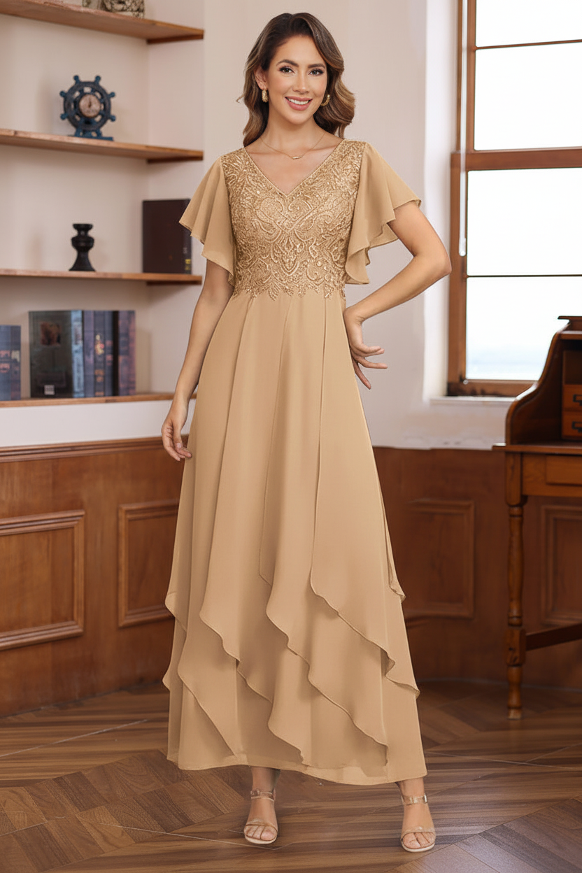 A-Line/Princess Chiffon V-Neck Mother of the Bride Dresses Lace Ankle-Length Short Sleeves Ruffles