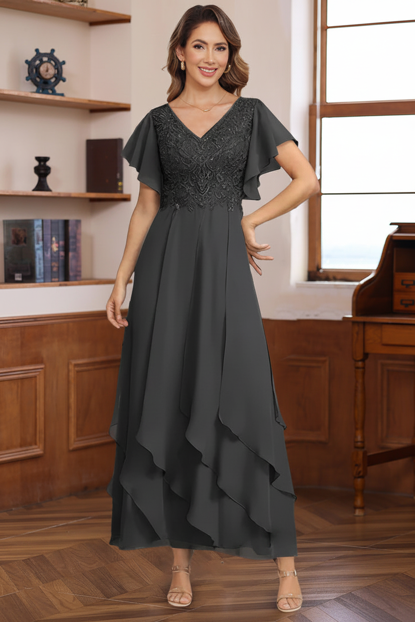A-Line/Princess Chiffon V-Neck Mother of the Bride Dresses Lace Ankle-Length Short Sleeves Ruffles