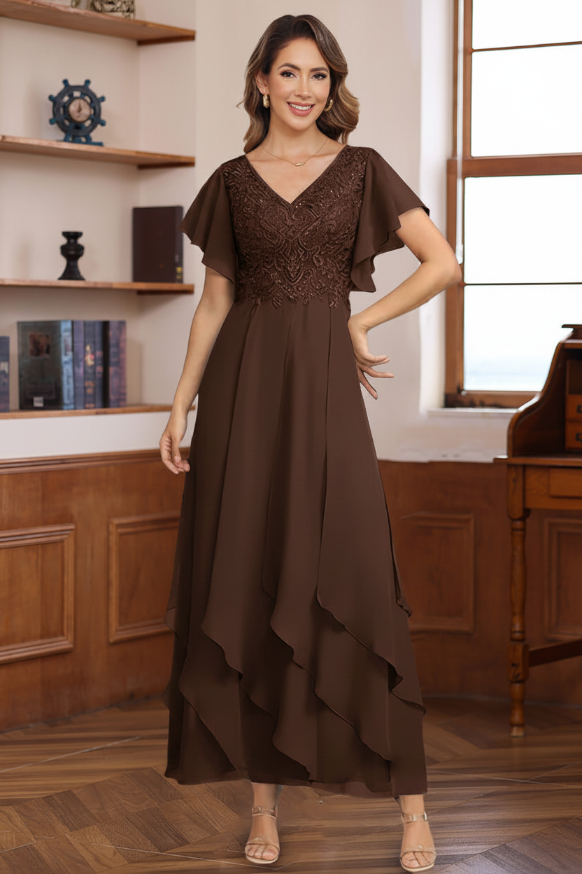A-Line/Princess Chiffon V-Neck Mother of the Bride Dresses Lace Ankle-Length Short Sleeves Ruffles
