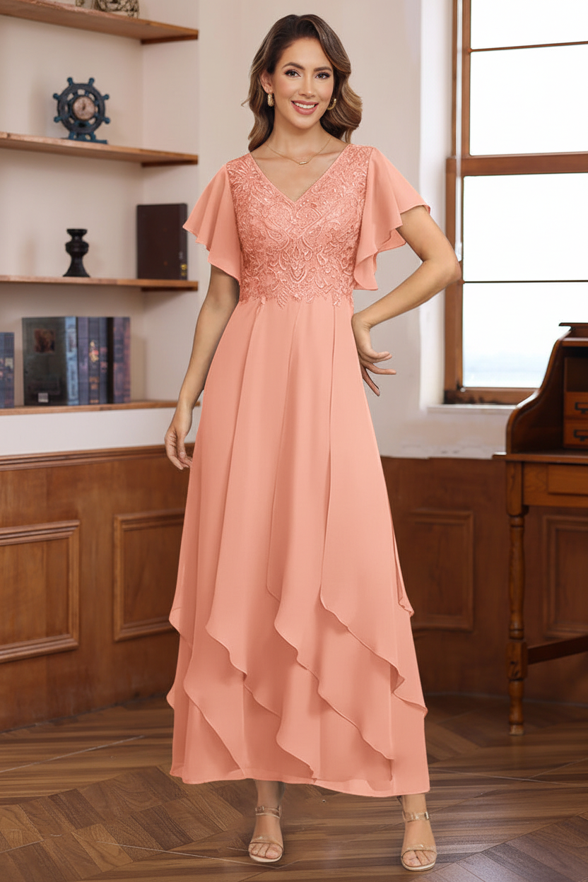 A-Line/Princess Chiffon V-Neck Mother of the Bride Dresses Lace Ankle-Length Short Sleeves Ruffles