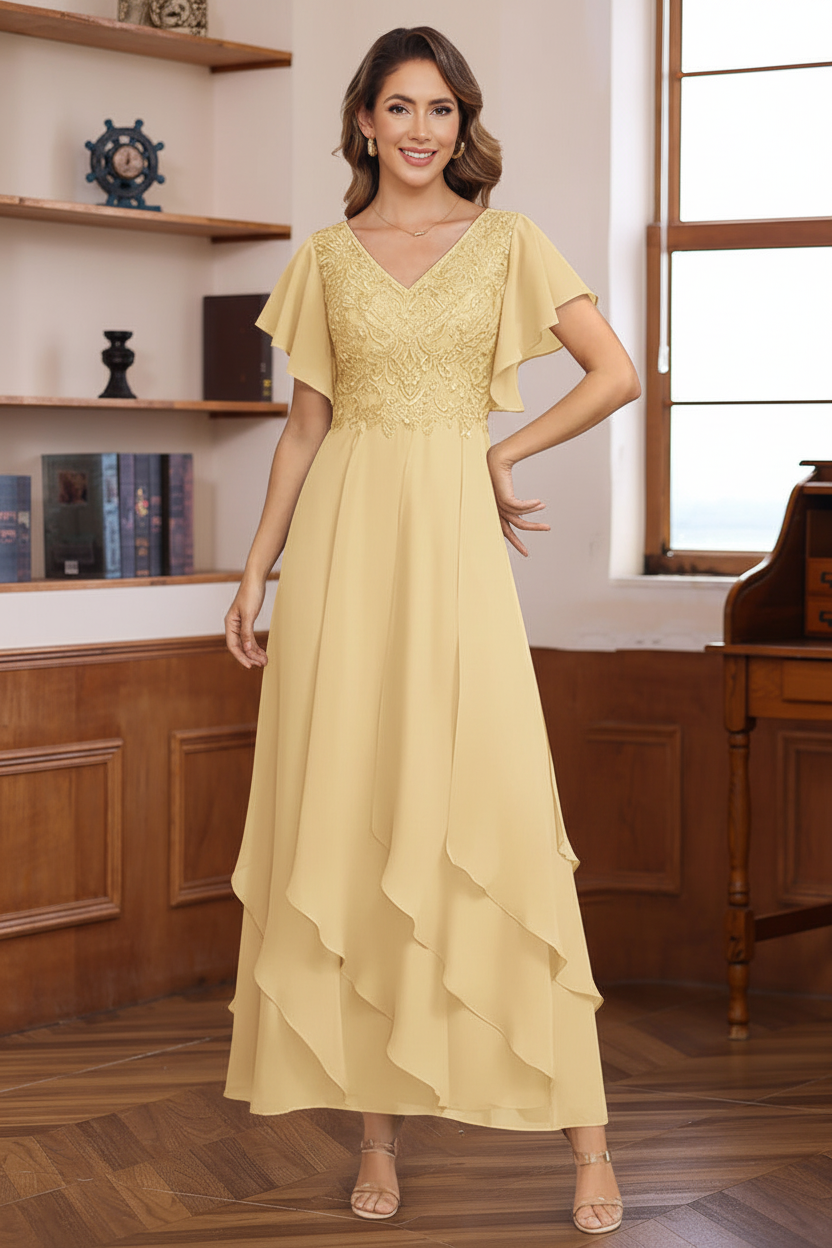 A-Line/Princess Chiffon V-Neck Mother of the Bride Dresses Lace Ankle-Length Short Sleeves Ruffles