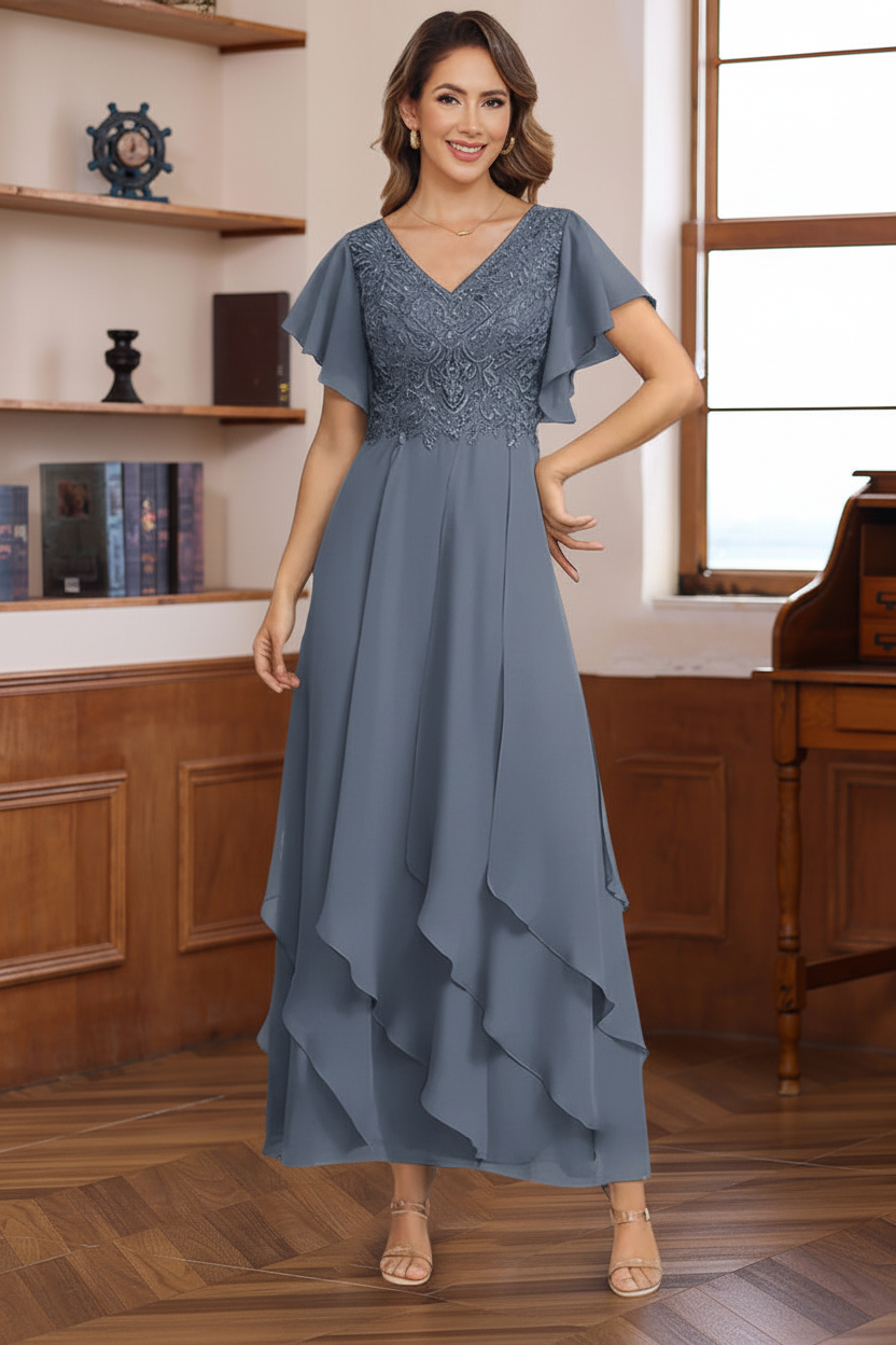 A-Line/Princess Chiffon V-Neck Mother of the Bride Dresses Lace Ankle-Length Short Sleeves Ruffles