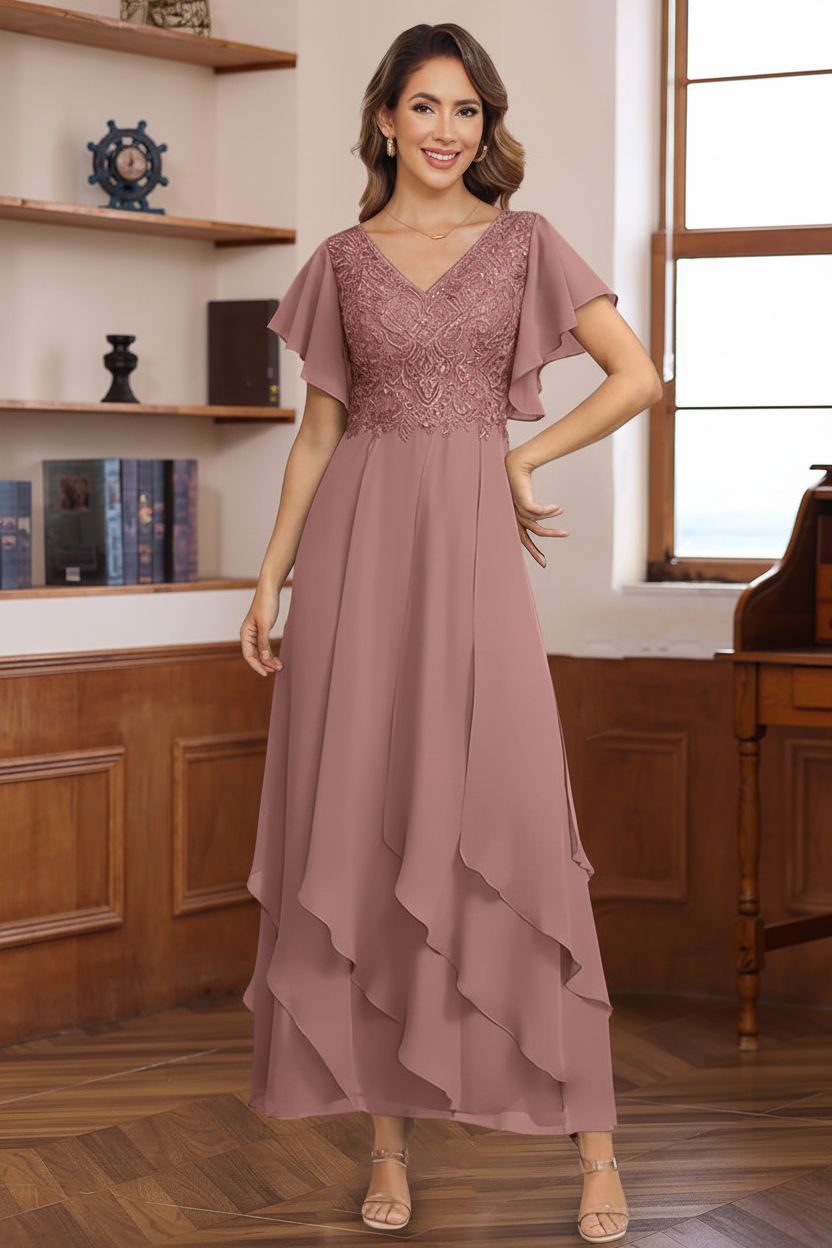 A-Line/Princess Chiffon V-Neck Mother of the Bride Dresses Lace Ankle-Length Short Sleeves Ruffles