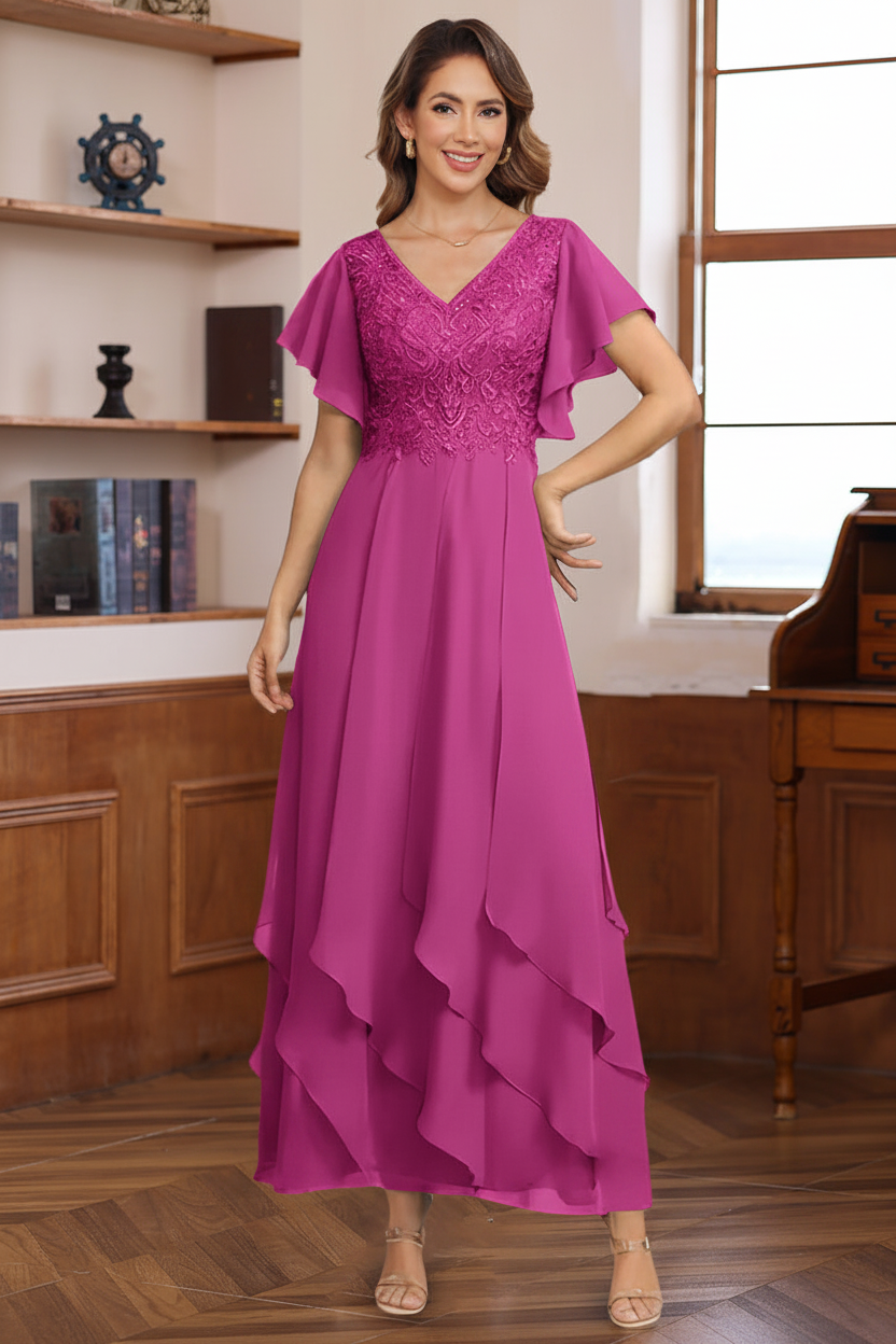 A-Line/Princess Chiffon V-Neck Mother of the Bride Dresses Lace Ankle-Length Short Sleeves Ruffles