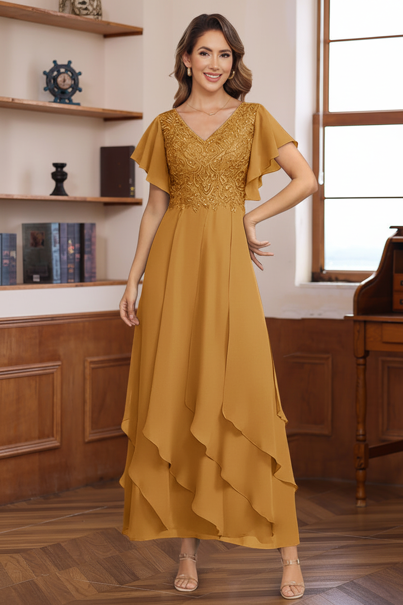 A-Line/Princess Chiffon V-Neck Mother of the Bride Dresses Lace Ankle-Length Short Sleeves Ruffles