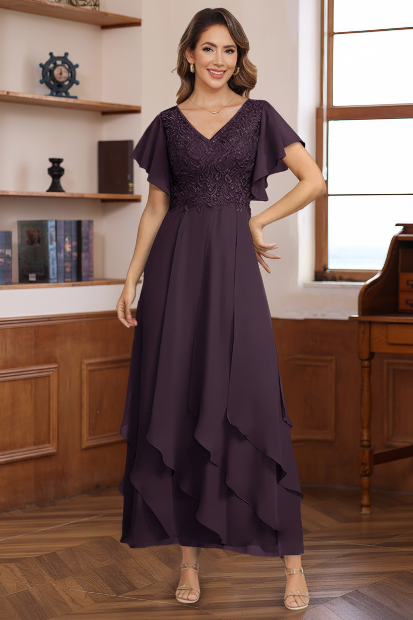 A-Line/Princess Chiffon V-Neck Mother of the Bride Dresses Lace Ankle-Length Short Sleeves Ruffles