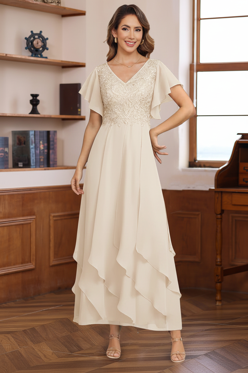 A-Line/Princess Chiffon V-Neck Mother of the Bride Dresses Lace Ankle-Length Short Sleeves Ruffles