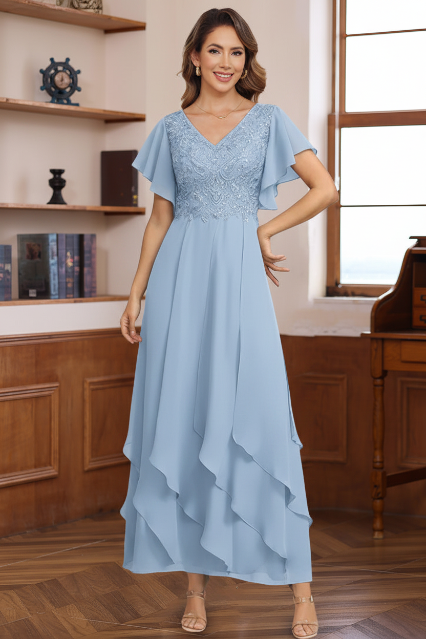 A-Line/Princess Chiffon V-Neck Mother of the Bride Dresses Lace Ankle-Length Short Sleeves Ruffles
