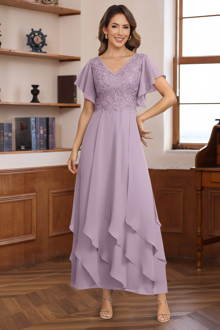 A-Line/Princess Chiffon V-Neck Mother of the Bride Dresses Lace Ankle-Length Short Sleeves Ruffles