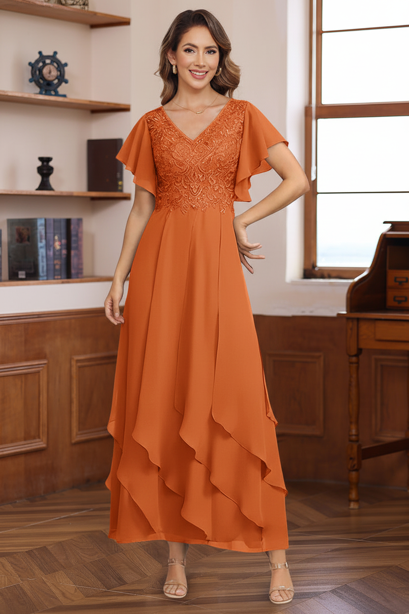 A-Line/Princess Chiffon V-Neck Mother of the Bride Dresses Lace Ankle-Length Short Sleeves Ruffles